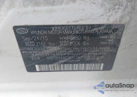 2016 Hyundai Elantra Se z USA, uszkodzony, nr VIN 5NPDH4AE9GH767368